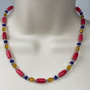 Handmade Beaded Necklace Coral Pink, Blue, and Amber Yellow Czech Glass Beads